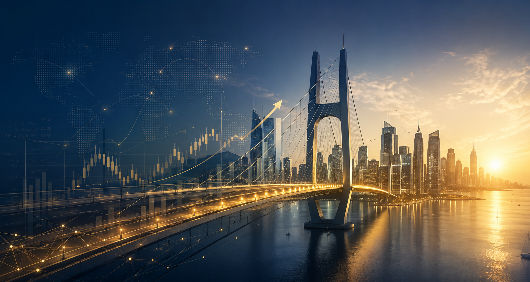 City skyline with market growth overlay